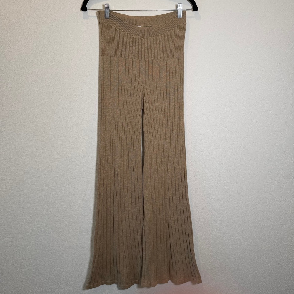 Free People Ribbed Knit Wide Leg Pants Tan Brown High Rise Flare Small OB1035783